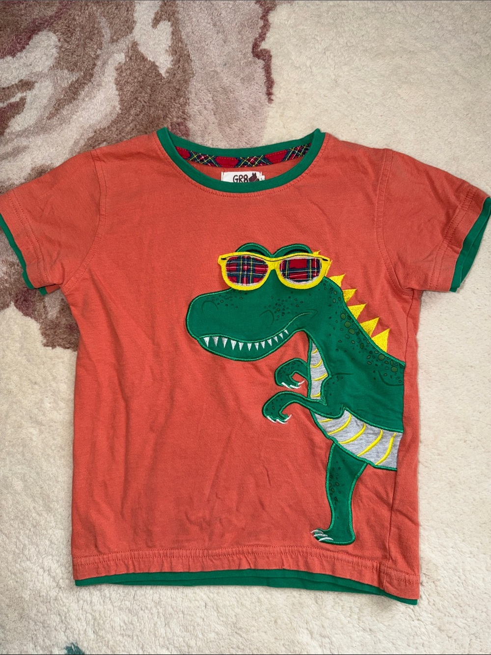 Gr8 Kids Orange Short Sleeve Tee with Green Dino with Sunglasses